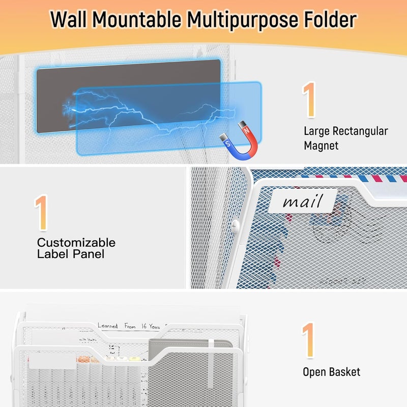 Docnest 2 Tier 3 Pack Magnetic Wall Mounted File Holders,Mesh Letter Organizer, Magnetic Hanging Mail Paper Document Organizer for Office, Home, School, White - Image 4